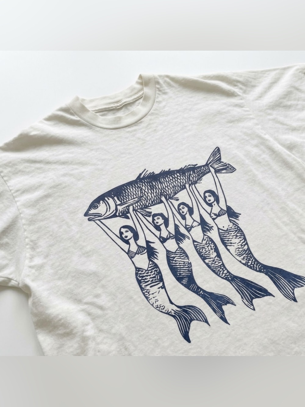 Mermaids Holding Fish Linocut White Cottagecore Graphic T-Shirt - Picture 2 of 7